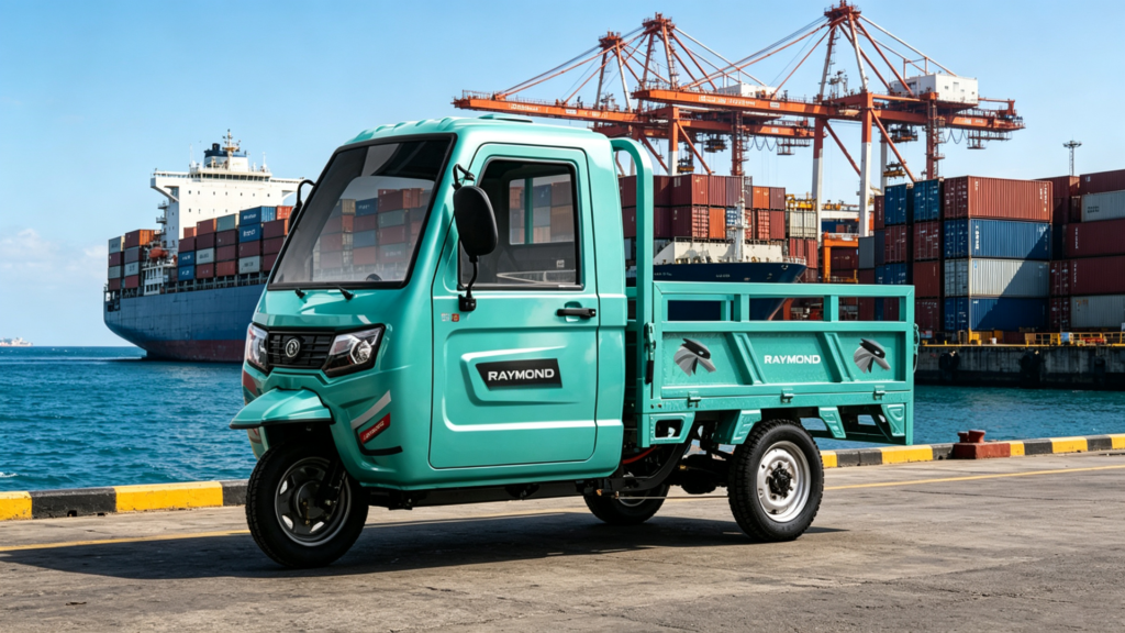 CT‑038 electric cargo tricycle at the Port of Callao with containers and cargo ship in the background