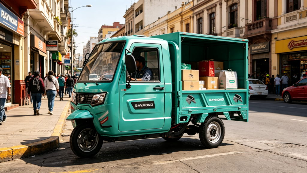 CT‑038 electric cargo tricycle doing last‑mile delivery on commercial streets of Lima