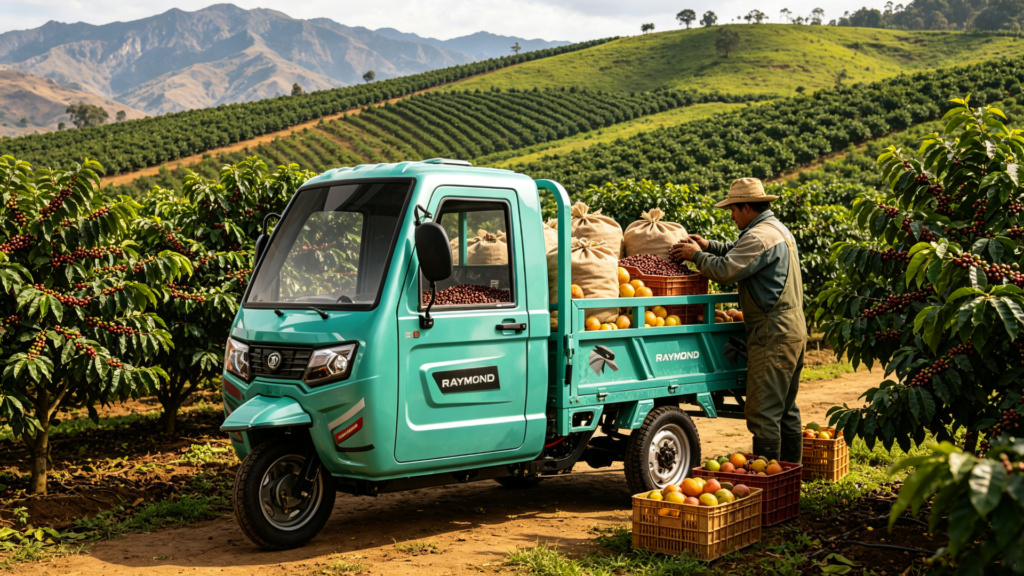 CT‑038 electric cargo tricycle in a Peruvian coffee plantation loading freshly harvested coffee sacks and fruits