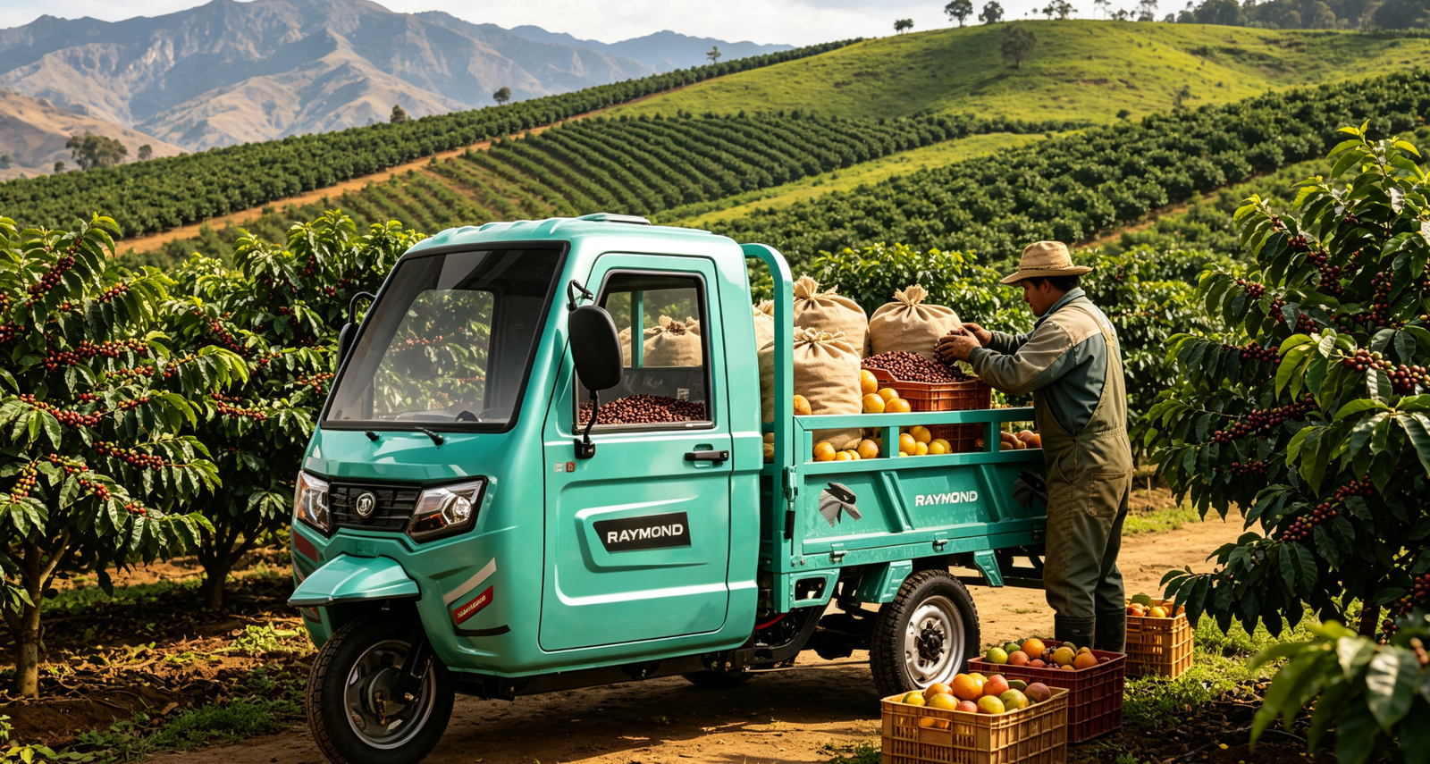Triciclo eléctrico de carga CT-038 en cafetal peruano cargando sacos de café y frutas cosechadas