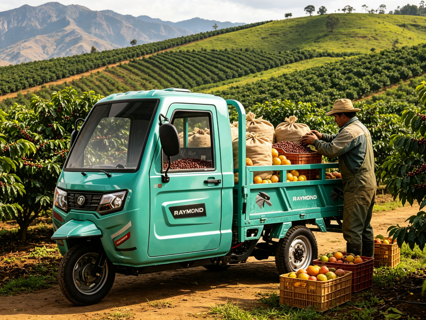 Triciclo eléctrico de carga CT-038 en cafetal peruano cargando sacos de café y frutas cosechadas