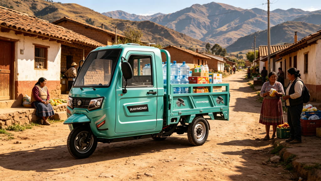 CT‑038 electric cargo tricycle delivering daily supplies in a rural village in the Peruvian Andes