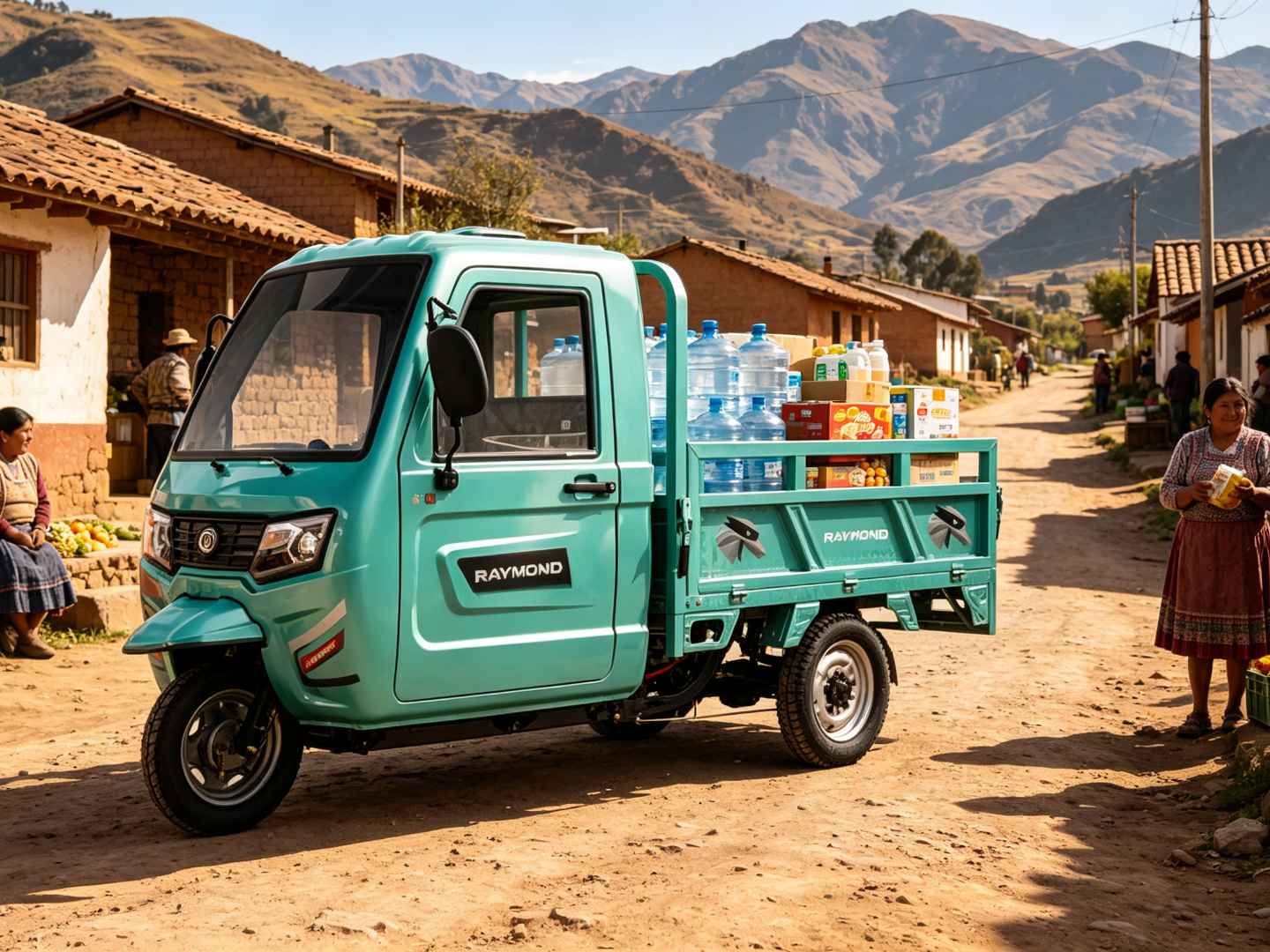 Triciclo eléctrico de carga CT-038 entregando suministros diarios en pueblo rural de los Andes peruanos
