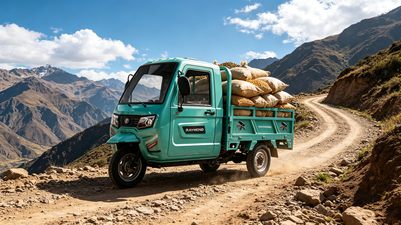 CT‑038 heavy‑duty electric cargo tricycle climbing a Peruvian Andes hillside loaded with agricultural products