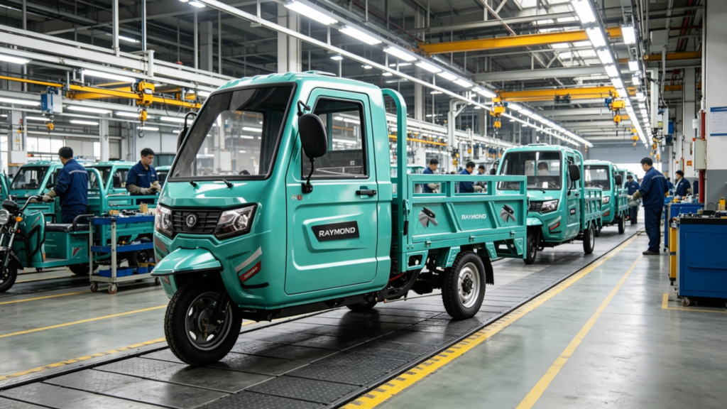 Falcon EV Latam factory production line with CT‑038 electric cargo tricycle units