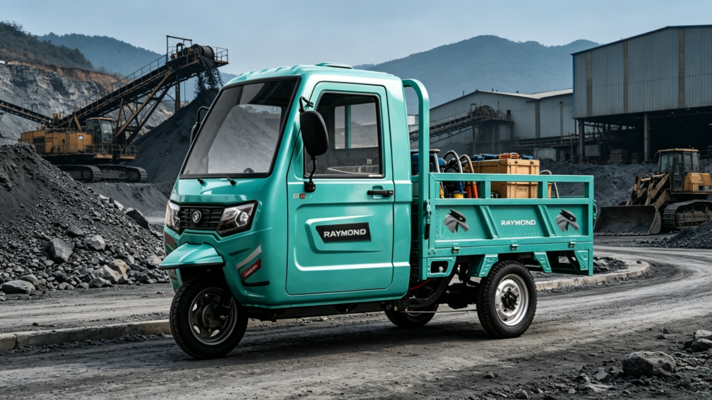 CT‑038 electric cargo tricycle transporting tools and equipment in an industrial mining area