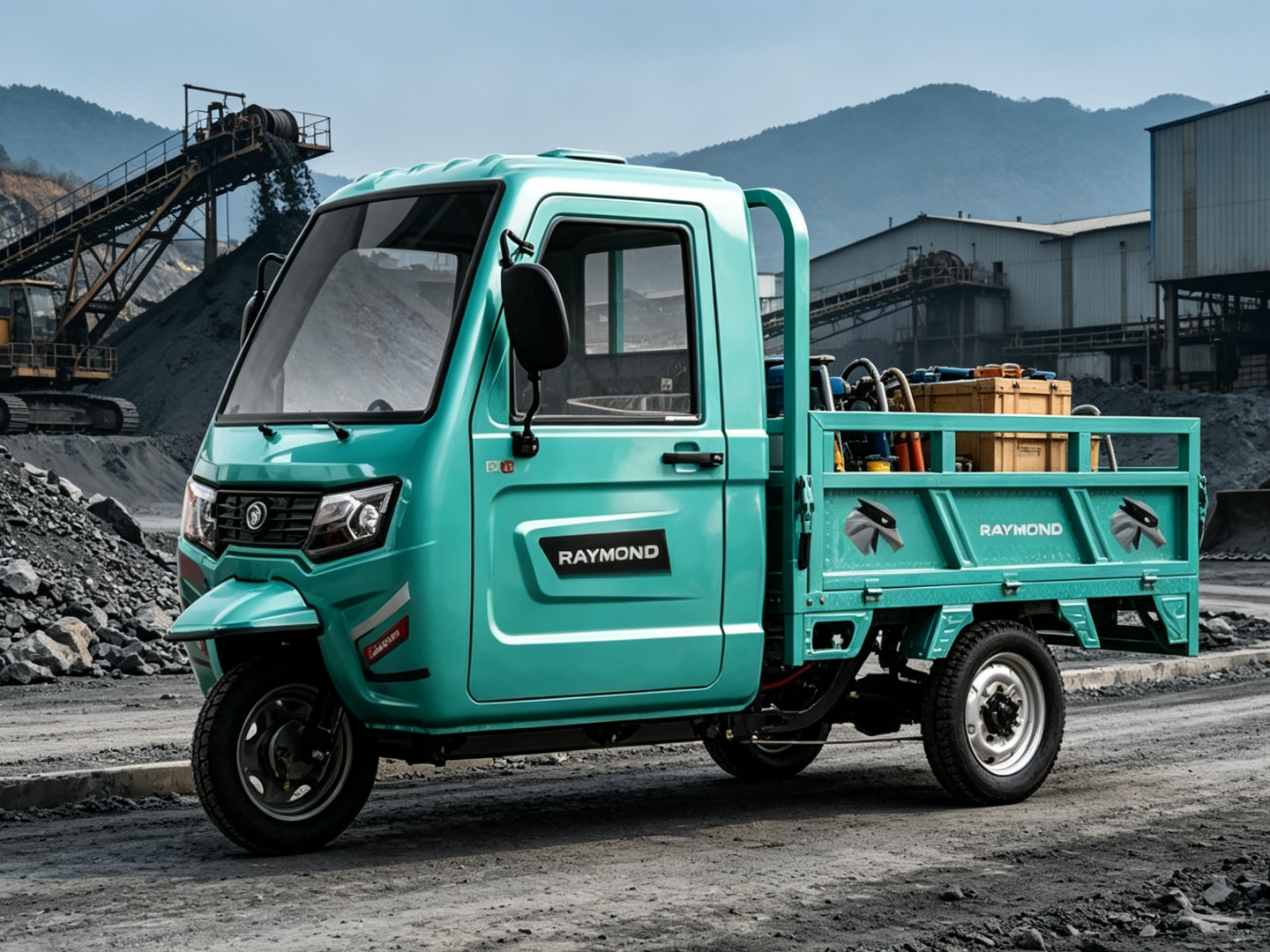 Triciclo eléctrico de carga CT-038 transportando herramientas y equipos en zona minera industrial