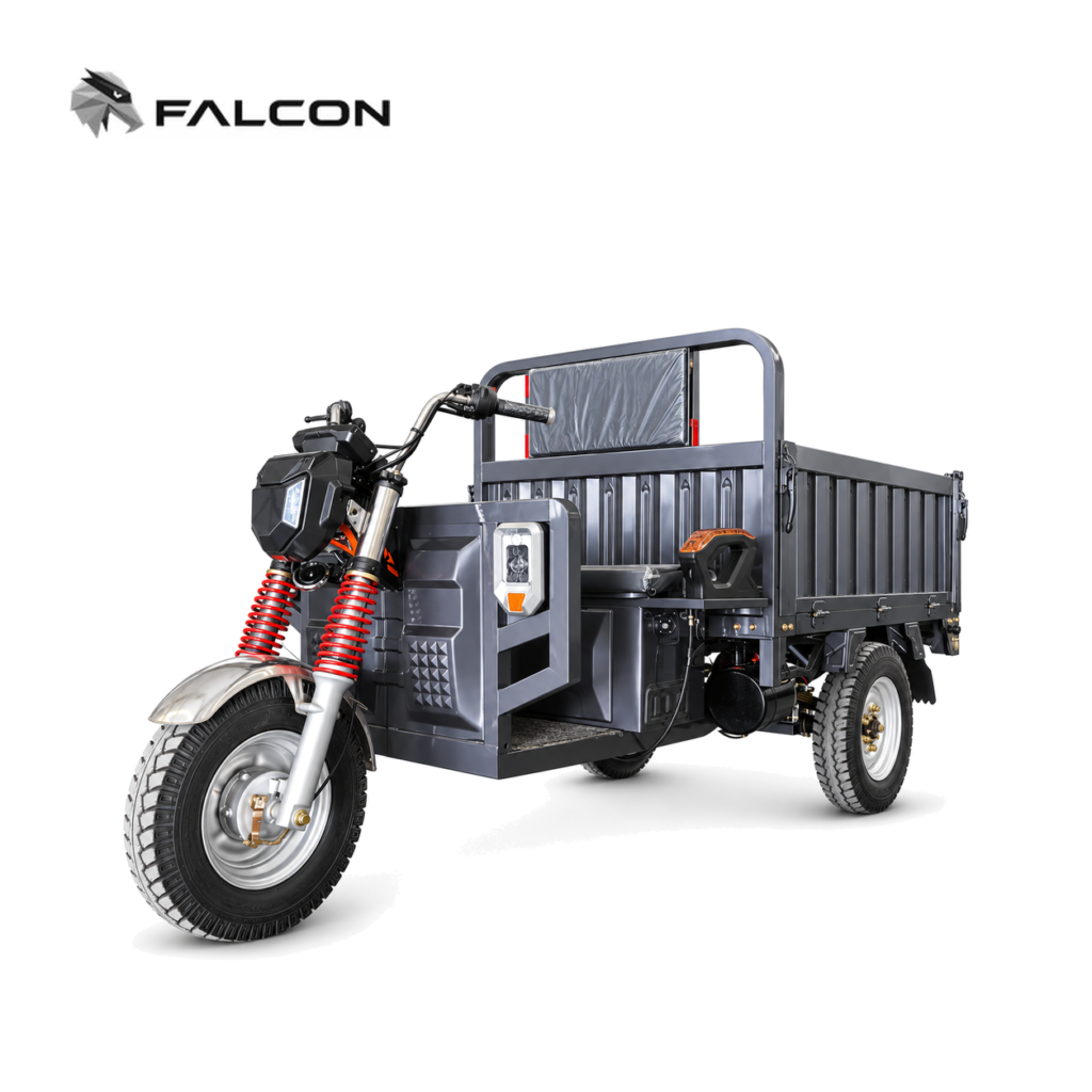 Triciclo eléctrico de carga Falcon ZK-DP007, capacidad 500-1000 kg, motor 1000-3000W, ideal para última milla en Bogotá y Medellín, entrega cero emisiones