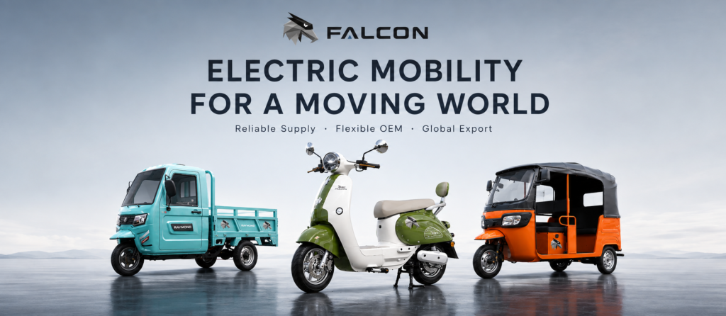Gama completa de vehículos eléctricos FALCON: motocicleta, triciclo de carga y mototaxi para Colombia