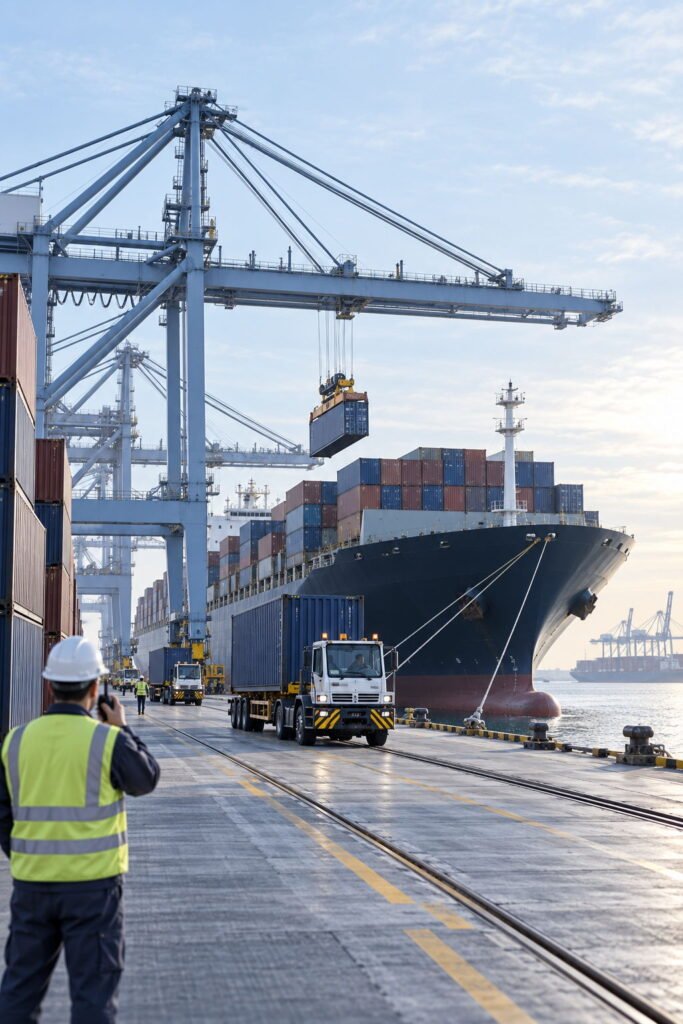 Exportación de vehículos eléctricos a Colombia, puerto marítimo con contenedores