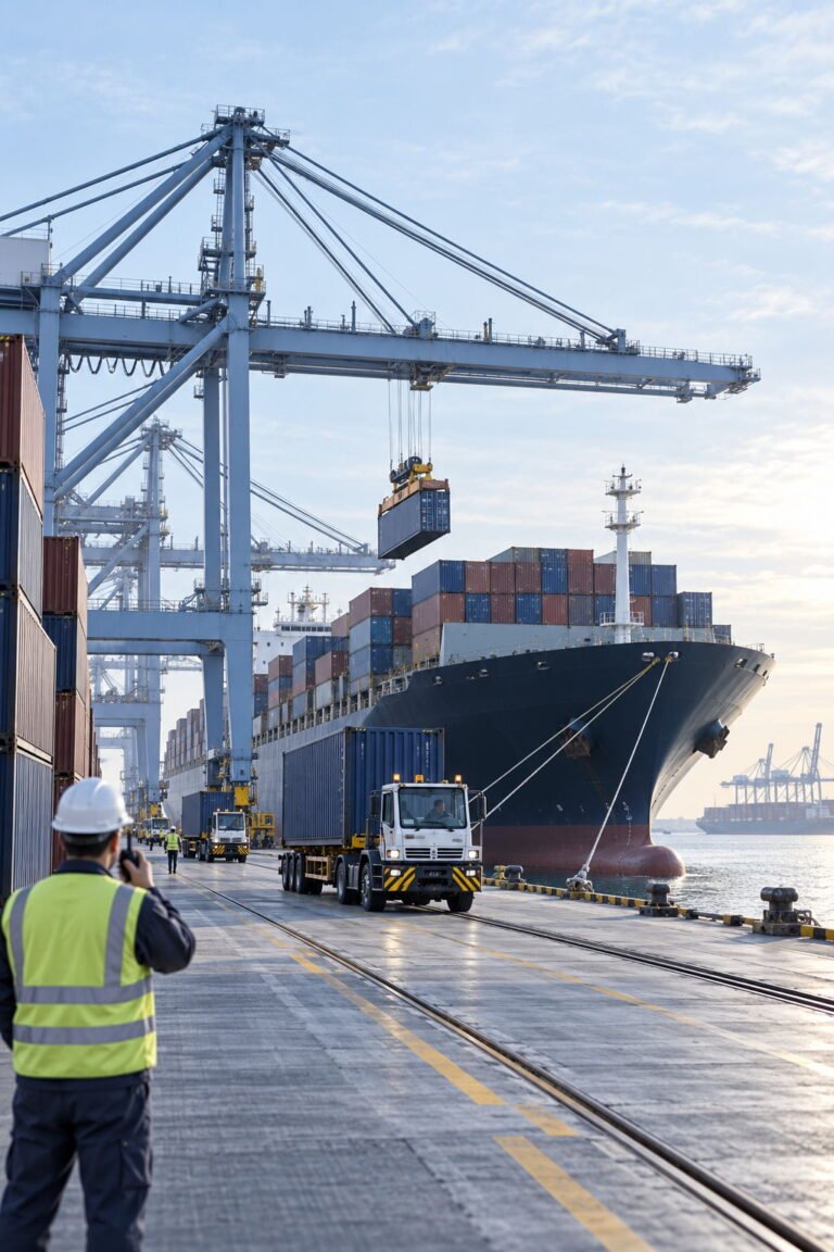 Exportación de vehículos eléctricos a Colombia, puerto marítimo con contenedores